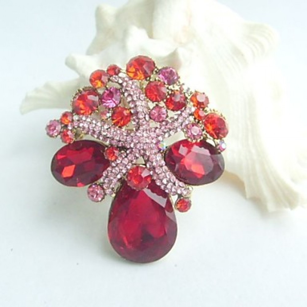 Women Accessories Gold-tone Pink Red Rhinestone Crystal Starfish Brooch Bouquet Art Deco Women Jewelry Mermaid