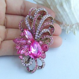 2.56 Inch Gold-tone Pink Rhinestone Crystal Flower Brooch Pendant Art Decorations