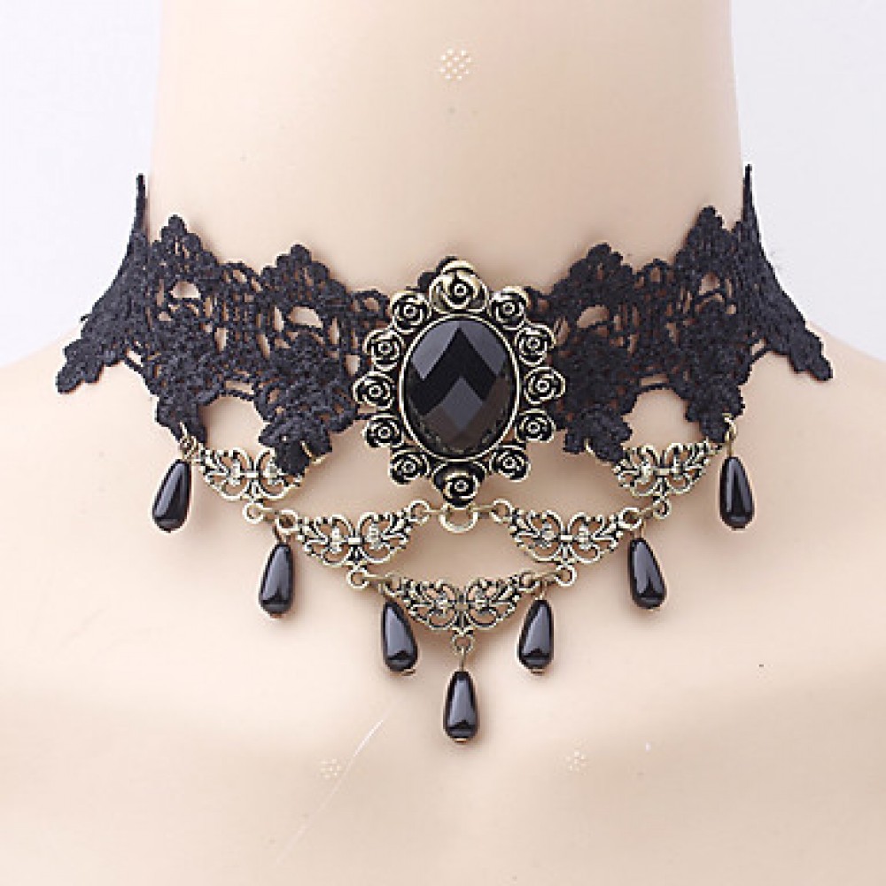 Europe Retro Black Lace Necklaces Gothic Jewelry Water Drop Shape Pendants Necklaces for Women's Wedding Party