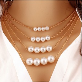 Women Necklace European Style Pearl Pendant Layered Chain Necklace