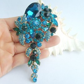 Wedding 4.13 Inch Gold-tone Turquoise Rhinestone Crystal Flower Brooch Art Deco Brooch Bouquet Women Jewelry