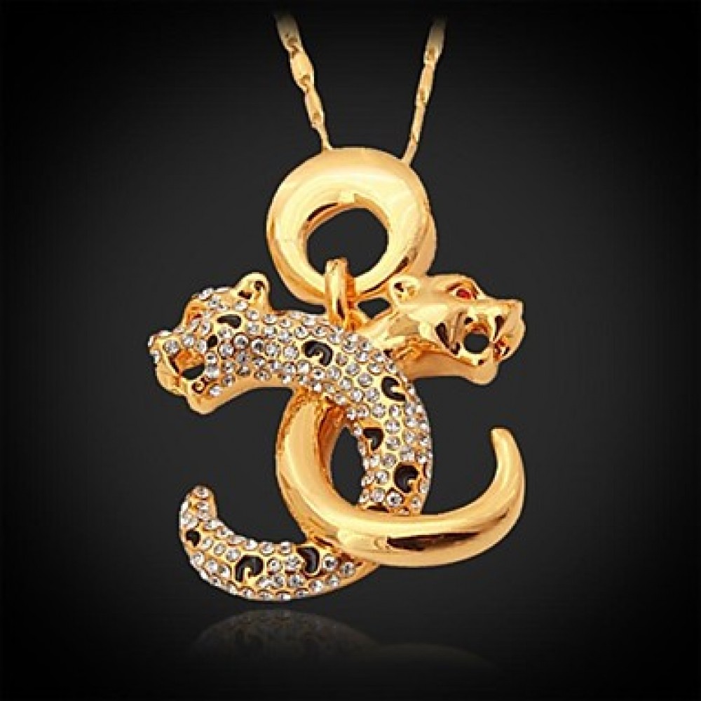 Cool Leopard Pendant Double C Letters 18K Real Gold Plated Rhinestone Choker Necklace Men's Jewelry