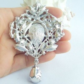 Wedding 3.54 Inch Silver-tone Clear Rhinestone Crystal Drop Flower Brooch Pendant Art Deco