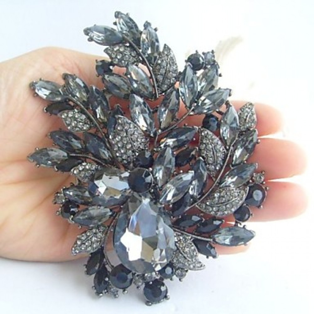 Wedding 4.33 Inch Vintage Gray Rhinestone Crystal Flower Brooch Art Deco Brooch Bouquet