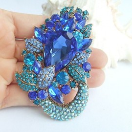 2.95 Inch Gold-tone Blue Rhinestone Crystal Flower Brooch Pendant Art Decorations