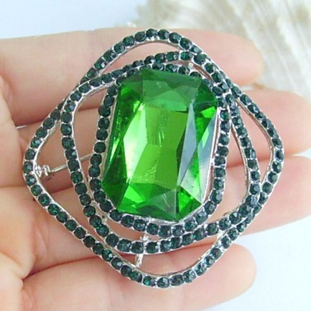 1.97 Inch Silver-tone Green Rhinestone Crystal Brooch Pendant Art Decorations