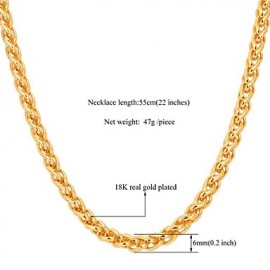 Twisted Rope Chain Necklace 18K Real Gold Plated Long Chunky Necklace for Men Fashion Jewelry