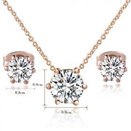 Women's Concise 18K Rose Gold Plated with 6 Prongs Simulated Diamond Stone Pendant Necklace Earrings Set  