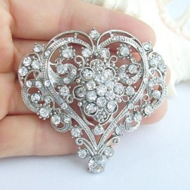 Wedding 2.17 Inch Silver-tone Clear Rhinestone Crystal Bridal Brooch Wedding Deco Bridal Bouquet Love Heart Brooch