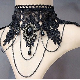 Vintage Fashion Gothic Jewelry Black Lace Short Choker Necklace Water Drop Pendant Tassel Necklace Women