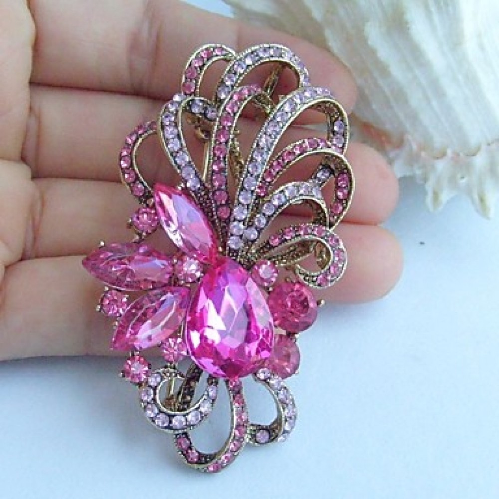 2.56 Inch Gold-tone Pink Rhinestone Crystal Flower Brooch Pendant Art Decorations