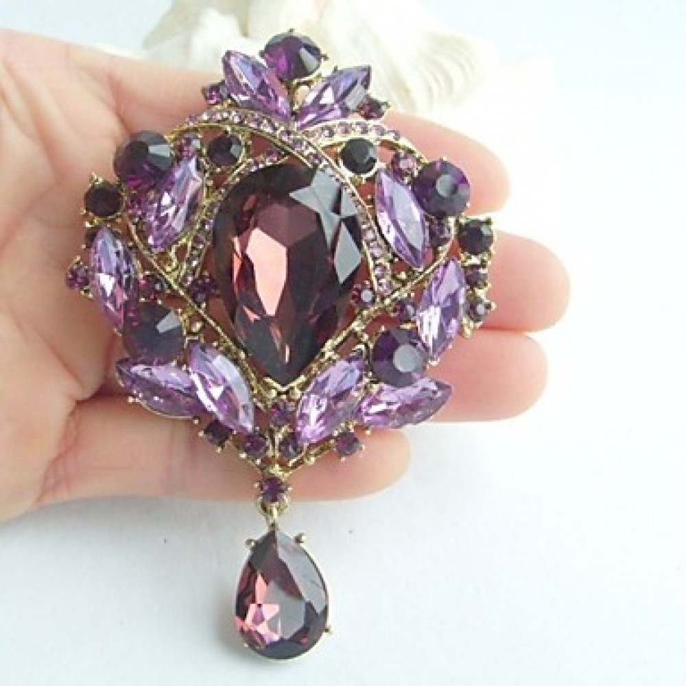 3.54 Inch Gold-tone Purple Rhinestone Crystal Drop Flower Brooch Pendant Art Deco