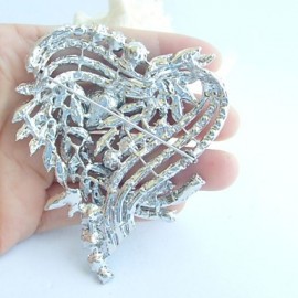 Wedding 3.15 Inch Silver-tone Clear Rhinestone Crystal Love Heart Brooch Bridal Bouquet