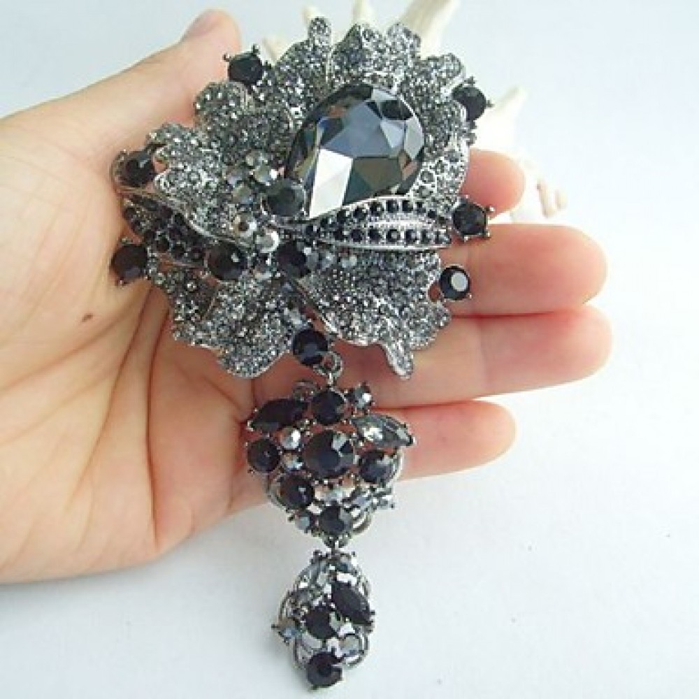 Women Accessories Black Gray Rhinestone Crystal Dangling Flower Brooch Art Deco Brooch Bouquet Women Jewelry