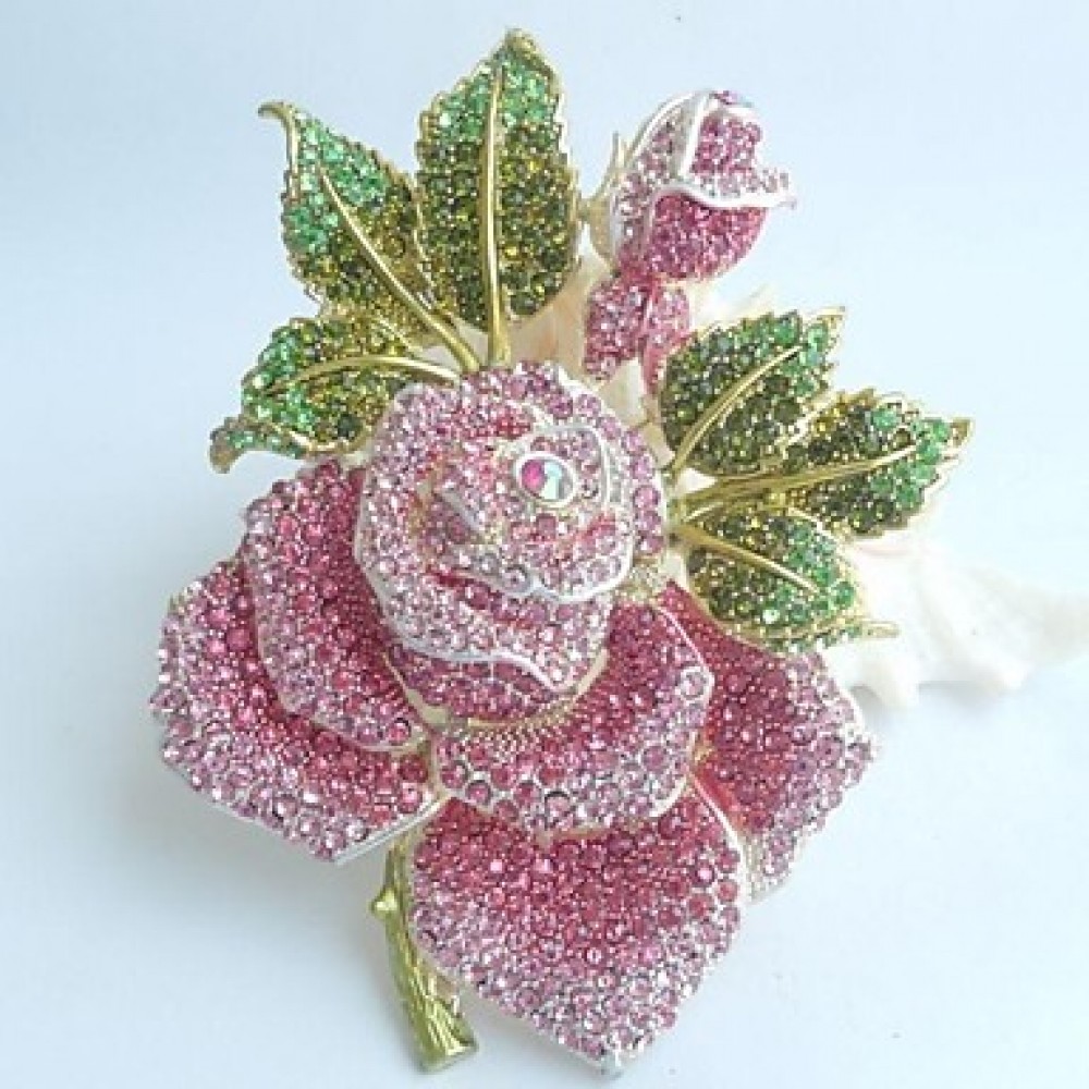 Women's Trendy Alloy Rhinestone Crystal Flower Rose Brooch Pin