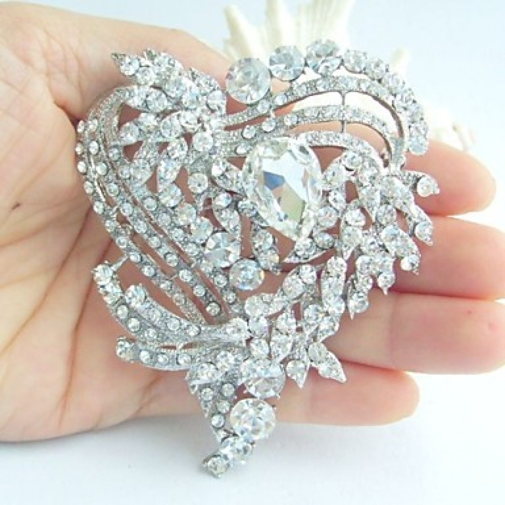 Wedding 3.15 Inch Silver-tone Clear Rhinestone Crystal Love Heart Brooch Bridal Bouquet