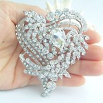 Wedding 3.15 Inch Silver-tone Clear Rhinestone Crystal Love Heart Brooch Bridal Bouquet