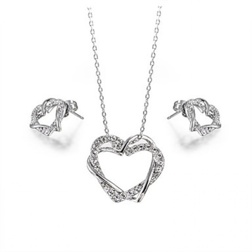 Women's Love Heart Designer CZ Diamond Pendant Jewelry 18K White Gold Plated Wedding Necklace Earrings Sets  