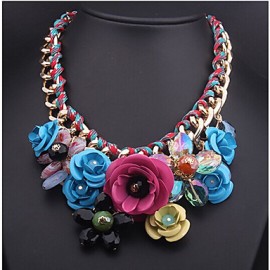 Fashion color flower Gemstone Pendant Necklace woven rope