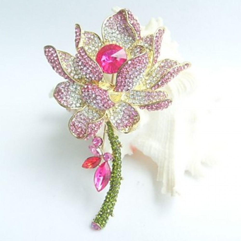 Gorgeous 4.13 Inch Gold-tone Pink Rhinestone Crystal Water Lily Brooch Art Deco