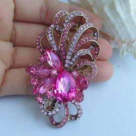 2.56 Inch Gold-tone Pink Rhinestone Crystal Flower Brooch Pendant Art Decorations